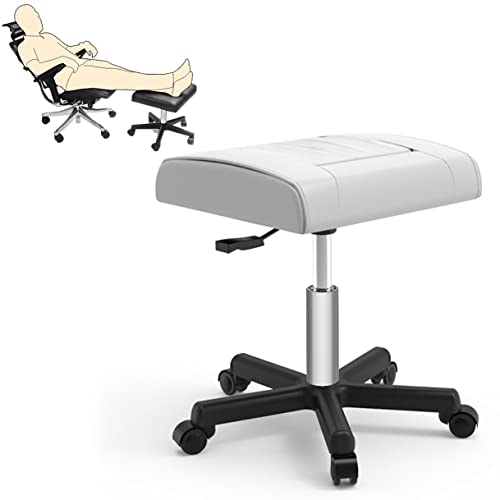 Office Footrests Rolling Foot Stool with Wheels, Height-Adjustable Pu Leather Foot Stand - White