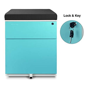 Aurora Mobile File Cabinet 2-Drawer Metal with Comfort Seat Cushion, Lock Key - White/Aqua Blue