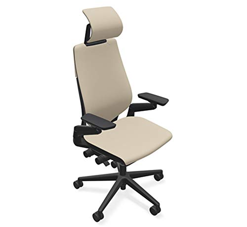 Steelcase Gesture Office Desk Chair with Headrest in Elmosoft Genuine Mica L114 Leather - High Black Frame