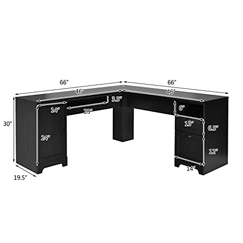 Tangkula L-Shaped Desk, 66" × 66" Corner Computer Desk with Drawers and Storage Shelf, Home Office Desk, Sturdy and Space-Saving Writing Table, Black