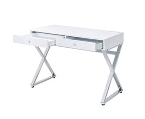 Knocbel Console Table Industrial Computer Desk with Storage Drawers, Built-in USB Port and Socket, Home Office Workstation Writing Table with X-Shaped Metal Base 42"L x 19"W x 31"H(White and Chrome)
