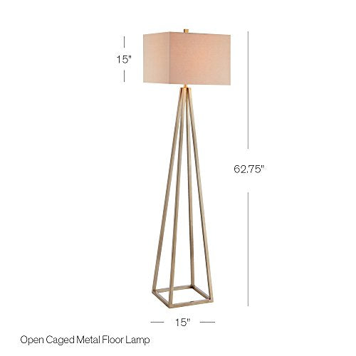 Catalina 19745-001 Contemporary Open Caged Metal Floor Lamp with Natural Linen Rectangular Shade, Bulb Included, Gold
