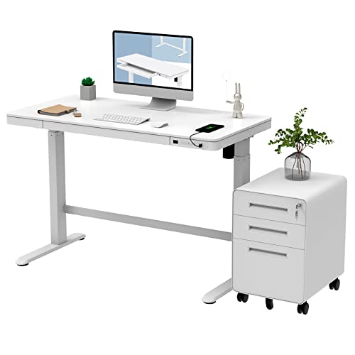FLEXISPOT Comhar Electric Standing Desk with White Cabinet, Height Adjustable 48" - White Top + Frame
