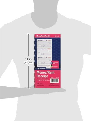 Adams Money and Rent Receipt Book, 2-Part Carbonless, 5-1/4" x 11", Spiral Bound, 200 Sets per Book, 4 Receipts per Page (SC1152) (Pack of 25)