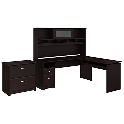 Bush Furniture Cabot 72W 3 Position L Shaped Sit to Stand Desk with Hutch and File Cabinet in Espresso Oak