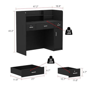 MOUMON Reception Desk Counter with Large Storage, Silver Tapes, Black (47.3”W x 18.3”D x 43.3”H)
