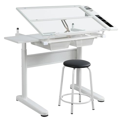 Yhqcdr Drafting Table with Storage and Stool - Hand Crank Adjustable Drawing Desk