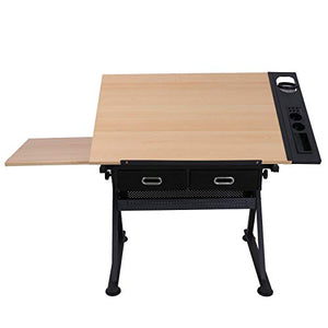 Adjustable Drafting Drawing Table Craft Tiltable Tabletop with Stool & 2 Drawers Art Desk Board