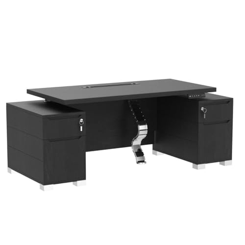 Zuri Furniture Ford Executive Modern Adjustable Height Desk with Filing Cabinets - Black Oak