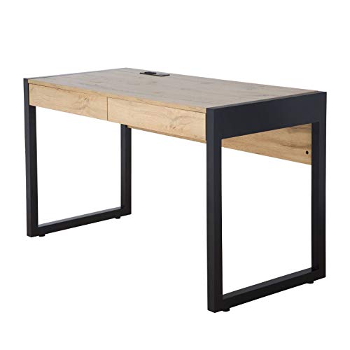 M MAJOR-Q 99400-3179JET Tone 52" W Computer Desk with Two Drawers, Power Outlet, USB Ports-Sturdy Wooden Study, Home Office Writing Laptop Table Beige Oak and Black Finish