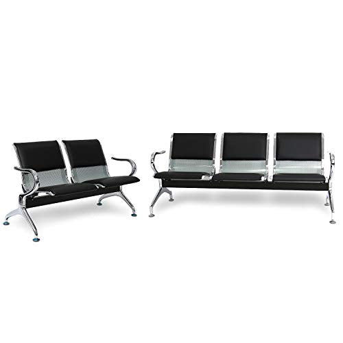 Peach Tree Reception Chairs Waiting Room Chair with Black Leather, Lobby Chairs for Reception Room, Office, Airport Reception Bench (5 Seat, Black)