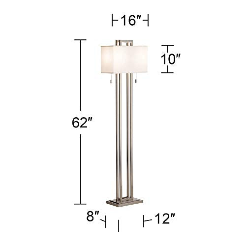 Possini Euro Design Double Tier Standing Floor Lamp 62" Tall Brushed Nickel Silver Rectangular Off White Shade