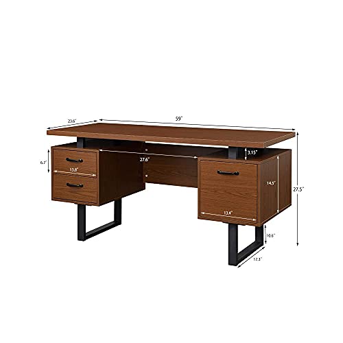 Computer Home Office Desk with 3 Drawers and File Folder Storage 59'' Writing Study Table with Stable Metal Base Walnut