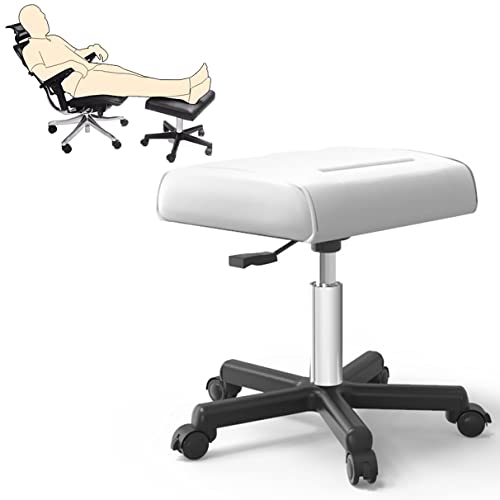 Office Footrests Rolling Foot Stool with Wheels, Height-Adjustable Pu Leather Foot Stand White (Wheel Lock)
