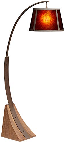 Franklin Iron Works Rustic Farmhouse Mission Arc Floor Lamp 66 1/2" Tall Dark Rust Natural Wood Amber Mica Drum Shade