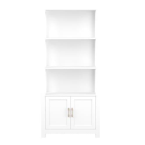 Martha Stewart Four Tier Shaker Bookcase with Storage Cabinet in White - Polished Brass Hardware