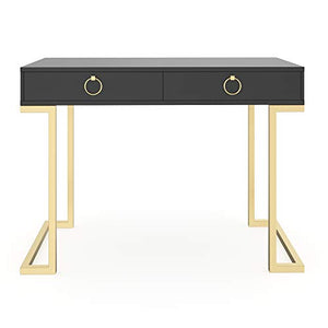 Nathan James Leighton Two-Drawer Writing Glam Accents Brass, Home Office Computer Desk or Vanity Table, 2, Black/Gold