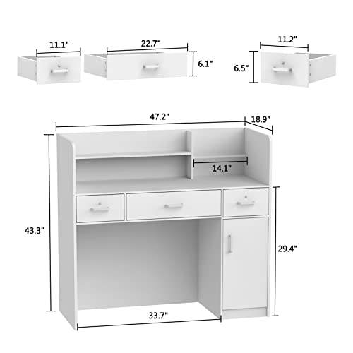 AIEGLE Reception Desk with Drawers & Storage Shelves, Private Panels, White - 47.3" x 18.3" x 43.3