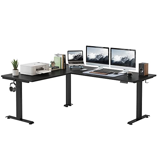 FEZIBO 75" Triple Motor L-Shaped Electric Standing Desk, Height Adjustable, Black Frame/Black Top