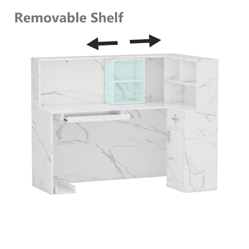 MOUMON L-Shaped Reception Desk with Storage, Marble White (55.9”W x 32.3”D x 48.4”H)