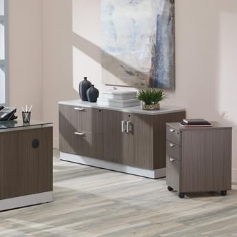 NBF Signature Series Esquire Storage Cabinet and Lateral File - Driftwood Laminate/Silver Kickplate