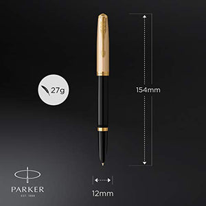 Parker 51 Fountain Pen | Deluxe Black Barrel with Gold Trim | Fine 18k Gold Nib with Black Ink Cartridge | Gift Box