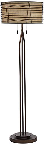 Franklin Iron Works Marlowe Industrial Rustic Farmhouse Floor Lamp - 60 1/2" Tall Bronze Woven Iron Metal Burlap Fabric Double Drum Shade
