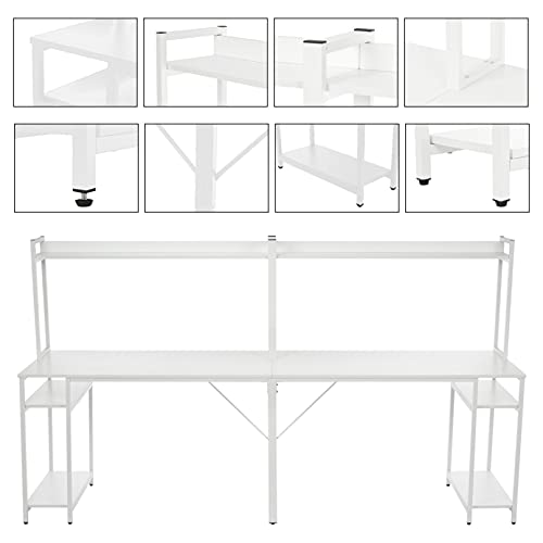 Two Person Computer Desk with Hutch and Storge Shelves, 94.5 inches Double Workstation Desk Extra Large Home Office Desk Multifunction Writing Desk (White)