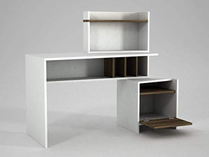 MAKENZA Vertigo Office Desk Modern Living Room Furniture with Adjustable Shelves & One Hidden Cabinet, Writing Workstation Table Compatible for Home, Office Study (White-Walnut)