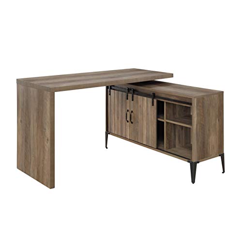 Knocbel Industrial Swivel Computer Desk with Sliding Barn Door Storage Cabinet and Cord Management, Home Office Workstation Writing Desk with Metal Legs (Rustic Oak and Black)