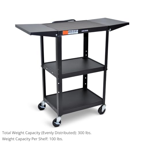 Luxor Adjustable-Height Steel Utility Cart - Drop Leaf Shelves, Black
