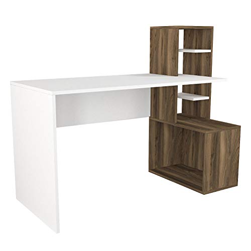 MAKENZA Serra Office Desk Modern Living Room Furniture with Adjustable Shelves & One Hidden Cabinet, Writing Workstation Table Compatible for Home, Office Study (White-Walnut)