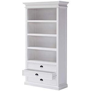 NovaSolo Halifax Pure White Mahogany Wood Bookcase With 4 Shelves And 3 Drawers