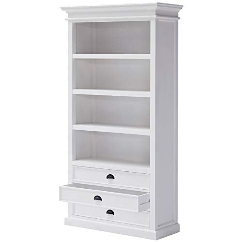 NovaSolo Halifax Pure White Mahogany Wood Bookcase With 4 Shelves And 3 Drawers