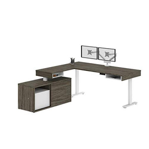 Bestar Pro-Vega L-Shaped Standing Desk with Dual Monitor Arm and Credenza, 81W, Walnut Grey & White