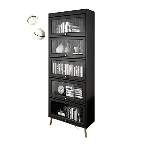 HARAY Light Luxury Black Bookshelf with Glass Door Shelf