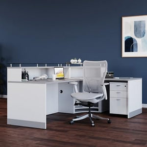 NBF Signature Series Esquire Reception Desk - Tempered Glass Top, White & Silver Laminate 63”W x 32”D