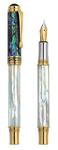 Xezo Maestro Handcrafted Oceanic Origin White Mother of Pearl and Paua Sea Shell Serialized Fine Fountain Pen. 18K Gold, Platinum Plated. No Two Alike