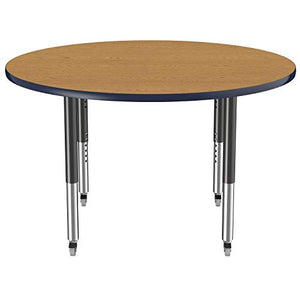 FDP Mobile Round Activity School and Office Table (48 inch), Super Legs with Glides and Casters, Adjustable Height 19-30 inches - Oak Top and Navy Edge
