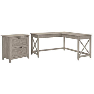 Bush Furniture KWS014WG Key West 60W L Shaped Desk with Lateral File Cabinet in Washed Gray
