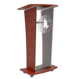 None Lectern Podium Stand 48" Tall with Frost Front Panel, Shelf, Wheels, Cross, Prayer Decor - Plexiglass - Debate Conference