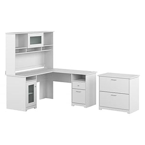 Bush Furniture Cabot 60" L-Shaped Computer Desk with Hutch, File Cabinet - White (CAB005WHN)