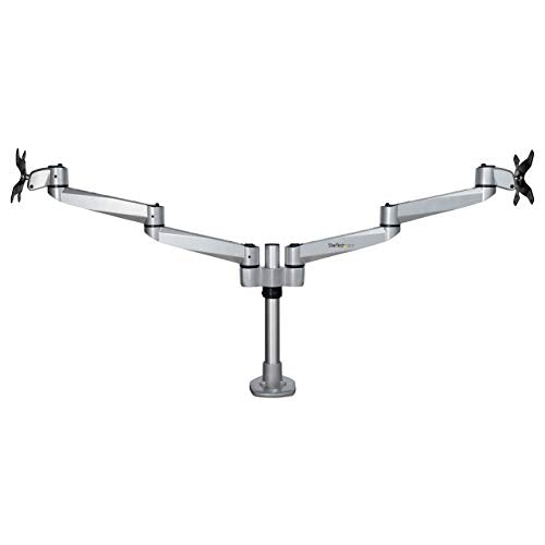 StarTech.com Desk Mount Dual Monitor Arm - Premium Articulating Monitor Arm - up to 27 VESA Mount Displays - Height Adjustable Monitor Mount - Rotate/Tilt/Swivel - Clamp/Grommet - Silver (ARMDUALPS)