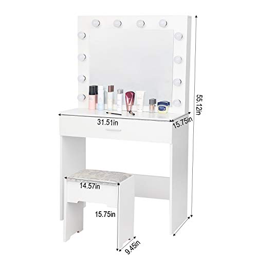 Onefa Makeup Vanity Table with Lighted Mirror, Cushioned Stool, Dressing Table, Vanity Makeup Table Set for Girl and Women, Vanity Dressing Table Set with Big Drawer