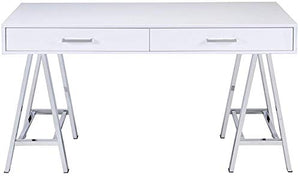 Knocbel Home Office Writing Desk Workstation Laptop Table with 2 Drawers & Metal Base, High Gloss Finish, 54" L x 22" W x 32" H (High Gloss White and Chrome)