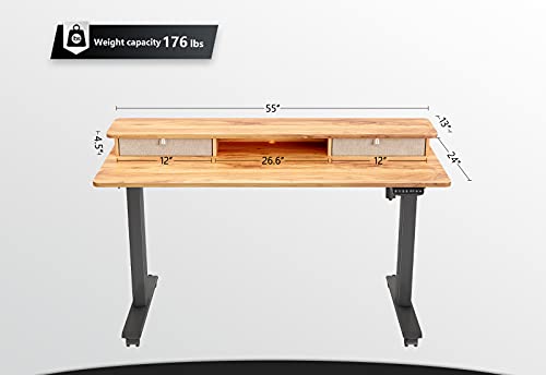 FEZIBO Height Adjustable Electric Standing Desk with Double Drawer, 55 x 24 Inch Stand Up Table with Storage Shelf, Sit Stand Desk with Splice Board, Black Frame/Light Rustic Top