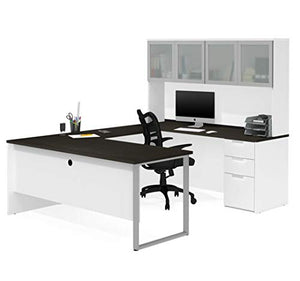 Bestar U-Shaped Desk with Pedestal and Frosted Glass Door Hutch - Pro-Concept Plus