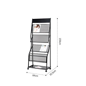 Generic Floor-Standing Magazine Rack with Casters, 4-Layer Brochure Display Stand - Black