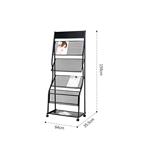 Generic Floor-Standing Magazine Rack with Casters, 4-Layer Brochure Display Stand - Black