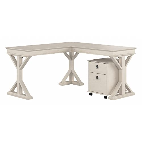 Bush Furniture Homestead Farmhouse L Shaped Desk with Mobile File Cabinet, Linen White Oak